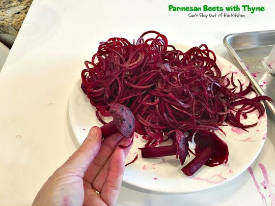 Parmesan Beets with Thyme | Can't Stay Out of the Kitchen | this is a scrumptious savory recipe for #beets. Using a #spiralizer makes this side dish a delightful experience. Great #holiday #casserole that's quick & easy. #glutenfree #parmesancheese