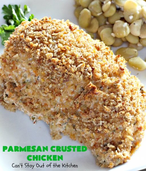 Parmesan Crusted Chicken | Can't Stay Out of the Kitchen | this amazing #chicken entree is flavored with a #parmesancheese & #GreekYogurt coating & seasoned to perfection. The chicken is then dredged in #breadcrumbs or #panko crumbs. 