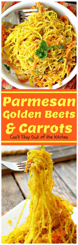 Parmesan Golden Beets and Carrots | Can't Stay Out of the Kitchen | this is a delightful way to serve #beets. Spiralizing the #veggies is a terrific way to get your kids to eat this healthy veggie. Great #holiday side dish, too. #glutenfree #parmesancheese
