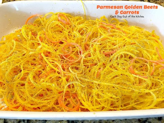 Parmesan Golden Beets and Carrots | Can't Stay Out of the Kitchen | this is a delightful way to serve #beets. Spiralizing the #veggies is a terrific way to get your kids to eat this healthy veggie. Great #holiday side dish, too. #glutenfree #parmesancheese