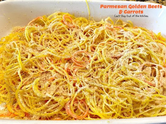 Parmesan Golden Beets and Carrots | Can't Stay Out of the Kitchen | this is a delightful way to serve #beets. Spiralizing the #veggies is a terrific way to get your kids to eat this healthy veggie. Great #holiday side dish, too. #glutenfree #parmesancheese 