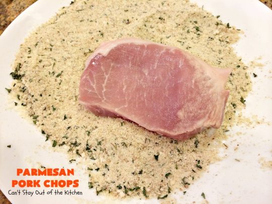 Parmesan Pork Chops | Can't Stay Out of the Kitchen | this easy 6-ingredient #porkchop dish can be oven ready in 5 minutes! The coating is absolutely mouthwatering. It's terrific for company or #holiday meals like #MothersDay or #FathersDay. #pork