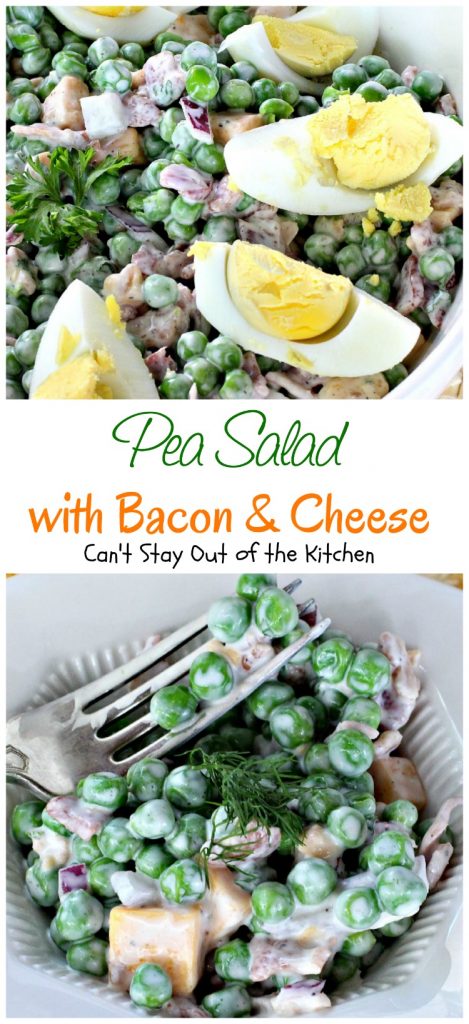 Pea Salad with Bacon and Cheese | Can't Stay Out of the Kitchen | great potluck #salad with #peas #bacon #cheese and #hard-boiledeggs. #glutenfree