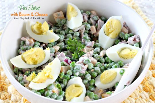 Pea Salad with Bacon and Cheese | Can't Stay Out of the Kitchen | great potluck #salad with #peas #bacon #cheese and #hard-boiledeggs. #glutenfree