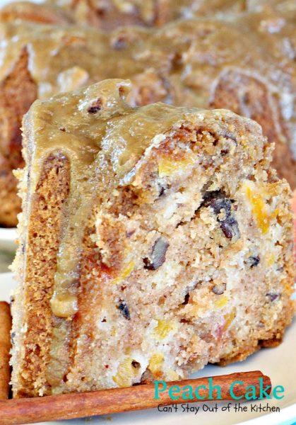 Peach Cake | Can't Stay Out of the Kitchen | spectacular #cake made with #peaches and #pecans. This one has a scrumptious brown sugar glaze. #dessert