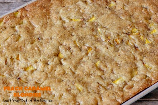 Peach Caramel Blondies | Can't Stay Out of the Kitchen | these lovely #cookies are divine! They're filled with fresh #peaches & #Ghirardelli #caramel chips. Terrific fall #dessert. #peachdessert #CANbassador #WashingtonStateFruitCommission #WashingtonStateStoneFruitGrowers
