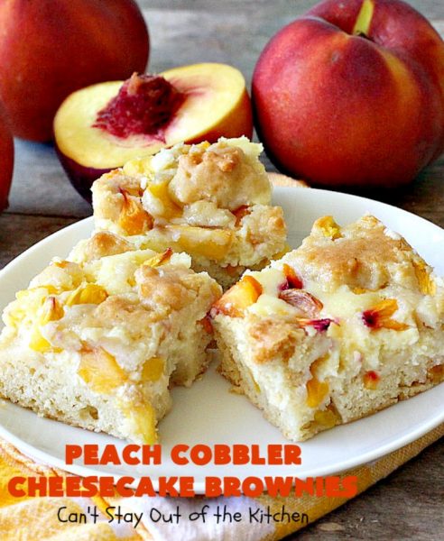 Peach Cobbler Cheesecake Brownies | Can't Stay Out of the Kitchen | these spectacular #brownies start with a #peachcobbler #cookie dough. They have a luscious #cheesecake filling in the middle, topped with fresh #peaches. Then more cookie dough is crumbled over top. These were a huge hit at my husband's office. #dessert #peachdessert #CANbassador #WashingtonStateFruitCommission #WashingtonStatestoneFruitGrowers