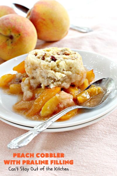 Peach Cobbler with Praline Filling | Can't Stay Out of the Kitchen | this luscious #peach #cobbler has #praline pie crust rolls on top. Absolutely divine! Perfect #dessert for summer.