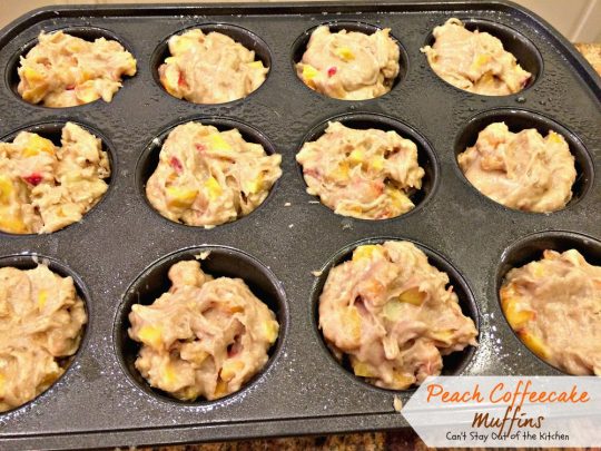 Peach Coffeecake Muffins | Can't Stay Out of the Kitchen | fabulous #breakfast #muffins are filled with #peaches and have a nutty streusel topping that's fantastic!