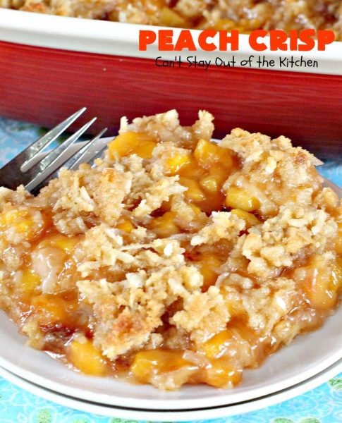 Peach Crisp | Can't Stay Out of the Kitchen | our company raved over this amazing #dessert. The streusel crust & topping is made with #coconut & it has an easy homemade #peach filling in the middle. It's the perfect dessert for summer #holidays, #BBQs & potlucks. #Father'sDay #FourthofJulyPeach Crisp | Can't Stay Out of the Kitchen | our company raved over this amazing #dessert. The streusel crust & topping is made with #coconut & it has an easy homemade #peach filling in the middle. It's the perfect dessert for summer #holidays, #BBQs & potlucks. #Father'sDay #FourthofJuly