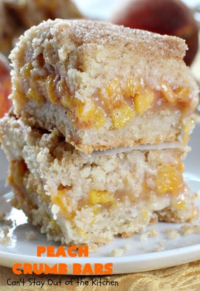 Peach Crumb Bars | Can't Stay Out of the Kitchen | these fabulous #dessert bars are some of the best with #peaches I've ever eaten. The #streusel topping with #cinnamon sugar just melts in your mouth. We loved these #cookies.