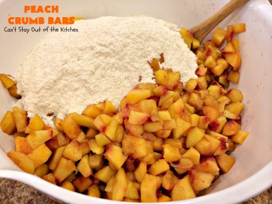 Peach Crumb Bars | Can't Stay Out of the Kitchen | these fabulous #dessert bars are some of the best with #peaches I've ever eaten. The #streusel topping with #cinnamon sugar just melts in your mouth. We loved these #cookies.