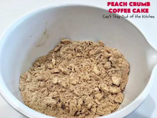 Peach Crumb Coffee Cake | Can't Stay Out of the Kitchen | this scrumptious coffee #cake is filled with #peaches, has a #cinnamon & brown sugar streusel, then it's glazed with powdered sugar icing. It's terrific either as a #breakfast #coffeecake for #holidays like #Thanksgiving or #Christmas or serve as a #dessert. #peachcake #peachdessert #CANbassador #WashingtonStateFruitCommission #WashingtonStateStoneFruitGrowers