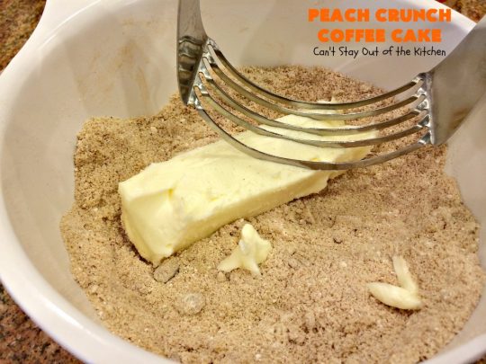 Peach Crunch Coffee Cake | Can't Stay Out of the Kitchen | this fabulous #dessert is layered with #peaches & a streusel topping. Then it's glazed with a powdered sugar icing. It's absolutely mouthwatering & terrific for company or #holiday dinners or #breakfast! #cake #coffeecake