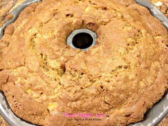 Peach Dapple Cake | Can't Stay Out of the Kitchen | This #cake is amazing. It's filled with #peaches #coconut and #macadamianuts and has a scrumptious brown sugar glaze. #dessert