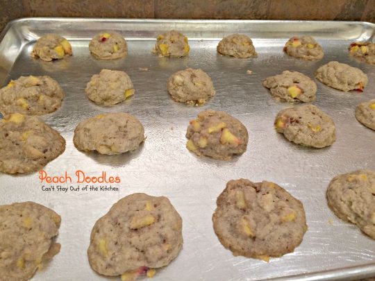 Peach Doodles | Can't Stay Out of the Kitchen | #peaches and #macadamianuts fill these delicious #cookies. You'll be coming back for more! #dessert