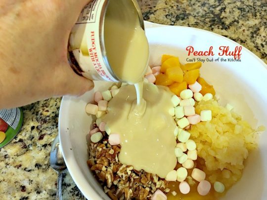 Peach Fluff | Can't Stay Out of the Kitchen | this scrumptious #salad is more like a #dessert. It's filled with #peachpiefilling, crushed #pineapple, #pecans & miniature #marshmallows. Great for summer #holiday picnics. #glutenfree
