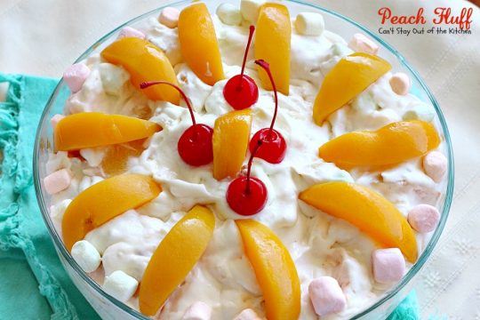 Peach Fluff | Can't Stay Out of the Kitchen | this scrumptious #salad is more like a #dessert. It's filled with #peachpiefilling, crushed #pineapple, #pecans & miniature #marshmallows. Great for summer #holiday picnics. #glutenfree