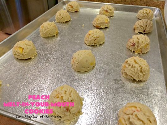 Peach Melt-In-Your-Mouth Cookies | Can't Stay Out of the Kitchen | these lovely #peach #cookies are absolutely mouthwatering. They literally dissolve in your mouth! They're perfect for summer #holidays, potlucks & backyard BBQs when #peaches are in season. #dessert #peachdessert