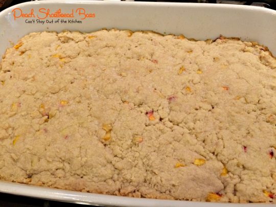 Peach Shortbread Bars | Can't Stay Out of the Kitchen | lovely #shortbread texture with #peaches #lemon and #cinnamon. The icing makes these #blondies sensational. #dessert #cookie
