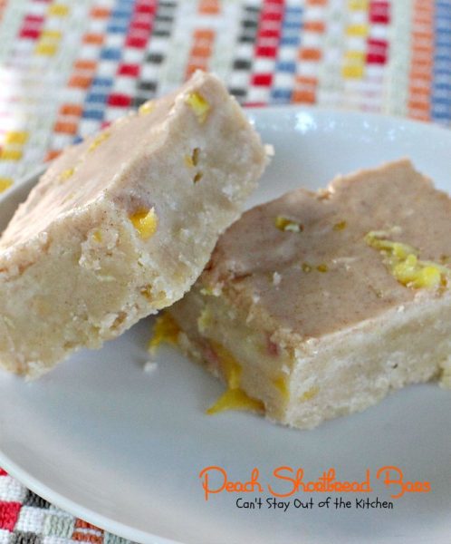 Peach Shortbread Bars | Can't Stay Out of the Kitchen | lovely #shortbread texture with #peaches #lemon and #cinnamon. The icing makes these #blondies sensational. #dessert #cookie