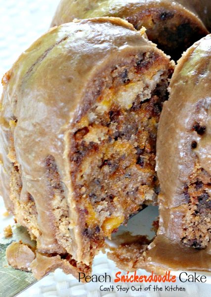 Peach Snickerdoodle Cake | Can't Stay Out of the Kitchen | this #cake is awesome! #peaches #cinnamonchips #pecans & a wonderful #caramel glaze. #dessert