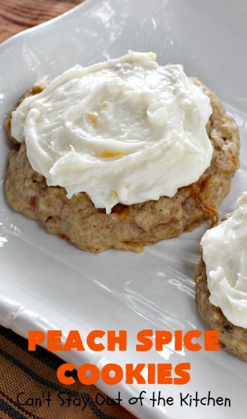 Peach Spice Cookies | Can't Stay Out of the Kitchen | these awesome #cookies are heavenly. They're filled with #peaches, #almonds & #cinnamon & have a lavish #lemon buttercream frosting. They're wonderful for any kind of party or potluck. #dessert #peachdessert
