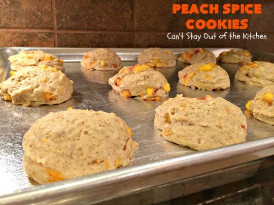Peach Spice Cookies | Can't Stay Out of the Kitchen | these awesome #cookies are heavenly. They're filled with #peaches, #almonds & #cinnamon & have a lavish #lemon buttercream frosting. They're wonderful for any kind of party or potluck. #dessert #peachdessert