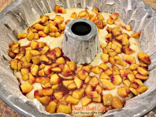 Peach Swirl Cake | Can't Stay Out of the Kitchen | this lovely #cake is fantastic. It has #peaches swirled into the batter and is glazed with vanilla icing. Perfect for company or potlucks. #dessert