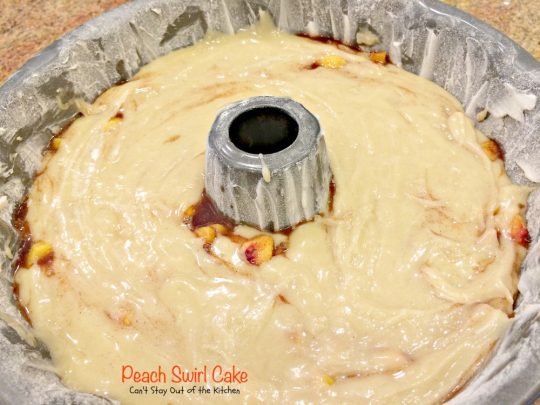Peach Swirl Cake | Can't Stay Out of the Kitchen | this lovely #cake is fantastic. It has #peaches swirled into the batter and is glazed with vanilla icing. Perfect for company or potlucks. #dessert