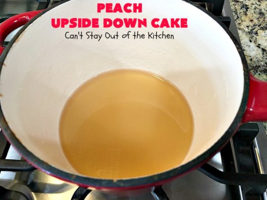 Peach Upside Down Cake | Can't Stay Out of the Kitchen | this spectacular #peach #cake is absolutely divine! It's festive, beautiful and so scrumptious you won't want to stop eating it! It has a luscious homemade #caramel sauce that's heavenly. Terrific for #holidays & company dinners. #peachdessert #upsidedowncake #CANbassador #WashingtonStateFruitCommission #WashingtonStateStoneFruitGrowers