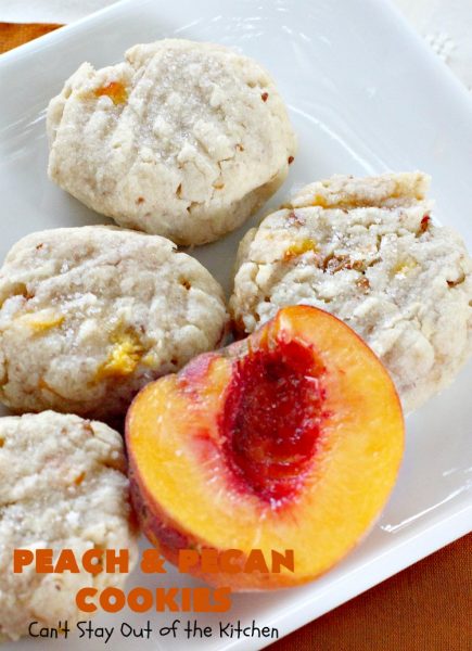 Peach and Pecan Cookies | Can't Stay Out of the Kitchen | this easy 6-ingredient #recipe is wonderful for summer #holiday fun, backyard barbecues or potlucks. These #cookies are totally scrumptious & a terrific way to use fresh #peaches when in season. #dessert #pecans #peachdessert