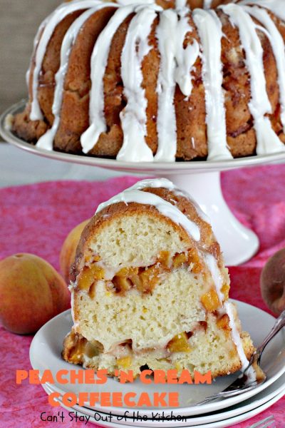 Peaches 'n Cream Coffeecake | Can't Stay Out of the Kitchen | this awesome #peach #coffeecake is one of our favorites. While it's a terrific #cake for #dessert, we like it for #breakfast! Perfect for summer #holidays like #FourthofJuly or #LaborDay.