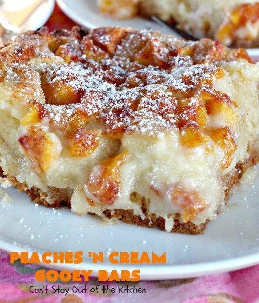 Peaches 'n Cream Gooey Bars | Can't Stay Out of the Kitchen | these ooey, gooey blondies are absolutely divine! They're filled with #cheesecake filling & topped with fresh #peaches & #cinnamon-sugar. Perfect for summer #holiday menus like #FathersDay #MemorialDay & #FourthofJuly. #dessert