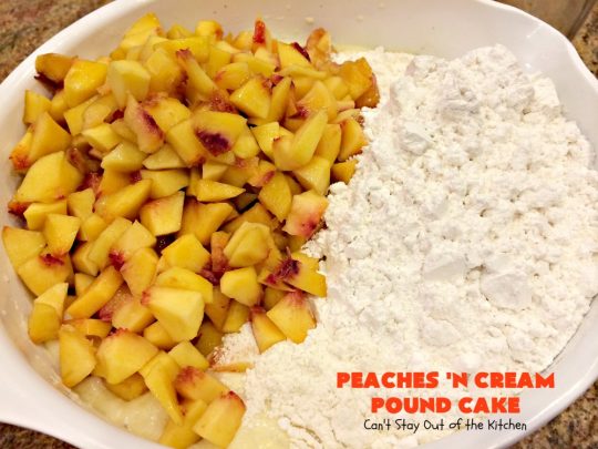 Peaches 'n Cream Pound Cake | Can't Stay Out of the Kitchen | This fabulous #cake is the perfect #summer #dessert. It's full of fresh #peaches & very moist. The #cinnamon glaze is especially good. #holiday #baking