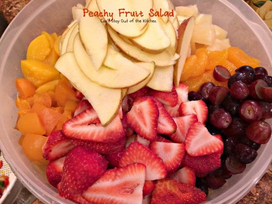 Peachy Fruit Salad | Can't Stay Out of the Kitchen | this luscious and delectable #fruitsalad is wonderful for company and #holidays. This one's made with #peachpiefilling! #glutenfree #fruit #salad