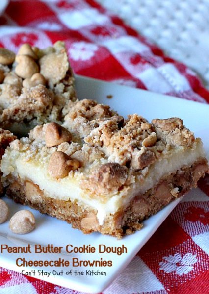 Peanut Butter Cookie Dough Cheesecake Brownies | Can't Stay Out of the Kitchen | these mouthwatering #brownies are filled with #peanutbutter chips & a #cheesecake layer. They make a scrumptious #tailgating treat. #dessert