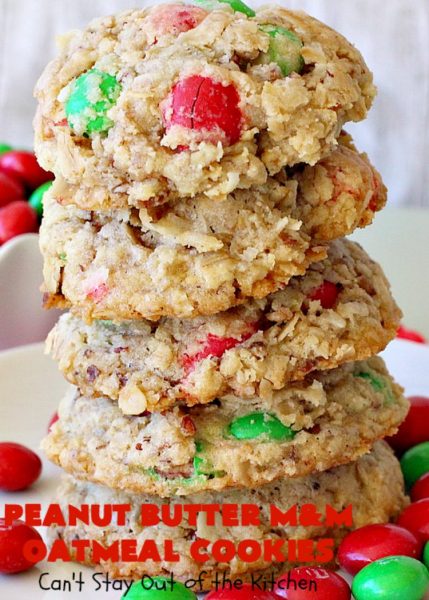 Peanut Butter M&M Oatmeal Cookies | Can't Stay Out of the Kitchen | these fantastic #Oatmeal #Cookies include #coconut #pecans & #PeanutButter #M&Ms. They are so awesome. #Dessert #PeanutButterDessert #OatmealCookie #PeanutButterCookie #Chocolate #tailgating #PeanutButterM&Ms 