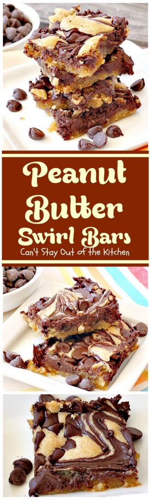 Peanut Butter Swirl Bars | Can't Stay Out of the Kitchen | some of our favorite #brownies ever! #chocolatechips are swirled into a delicious #peanutbutter #brownie batter. Rich, decadent, heavenly! #dessert #chocolate