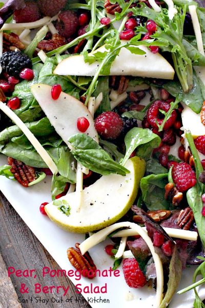 Pear, Pomegranate and Berry Salad | Can't Stay Out of the Kitchen | this fabulous #salad is heavenly! The combination of flavors is amazing. #pears #pomegranates #glutenfree