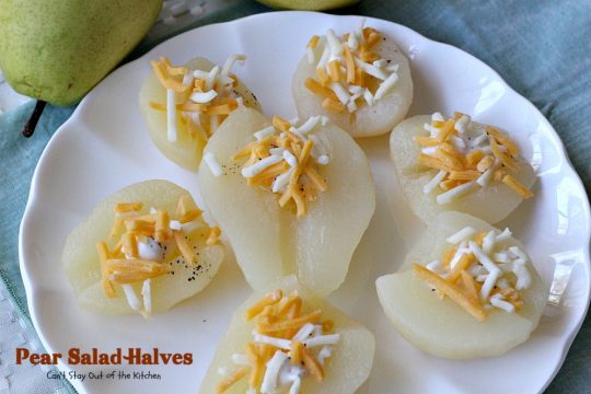 Pear Salad Halves | Can't Stay Out of the Kitchen | this is such a quick and easy way to serve #pears. Only 4-ingredients needed for this lovely #fruit #salad.