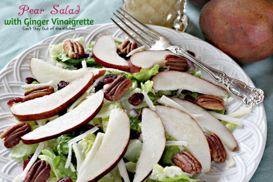 Pear Salad with Ginger Vinaigrette | Can't Stay Out of the Kitchen | this lovely #pear #salad has a wonderful homemade #vinaigrette. #glutenfree #pecans #cheese
