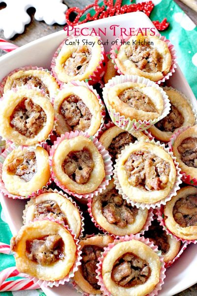 Pecan Treats | Can't Stay Out of the Kitchen | these miniature #pecanpies are our favorite #christmas #cookie. Everybody loves them. They have a cream cheese crust & #pecan & brown sugar filling to die for! #dessert