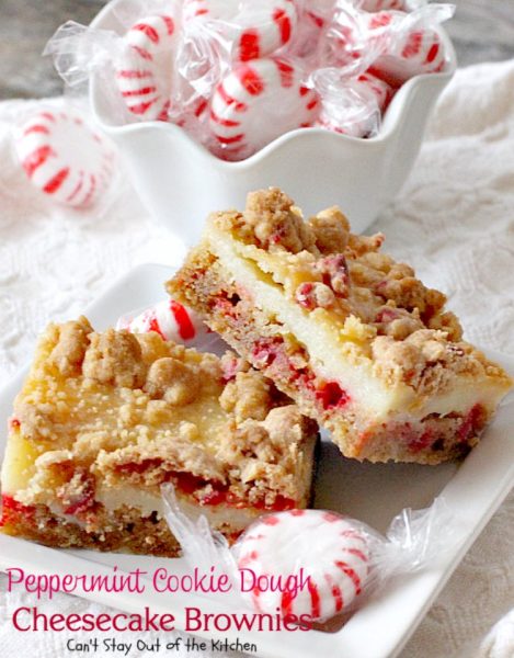 Peppermint Cookie Dough Cheesecake Brownies | Can't Stay Out of the Kitchen | these luscious #brownies are made with #Andes #peppermint baking chips & have a #cheesecake layer in the middle. Fantastic #dessert for the #holidays.