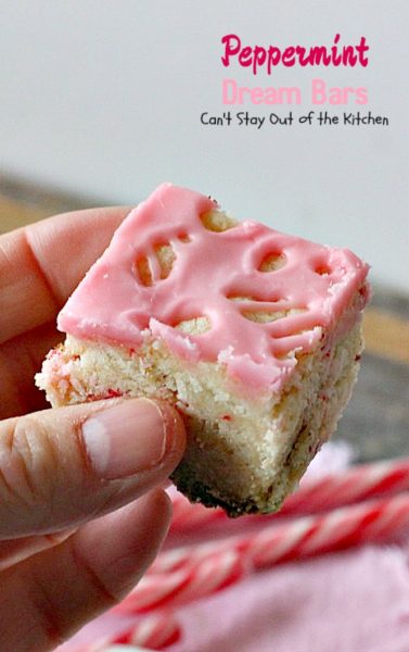 Peppermint Dream Bars | Can't Stay Out of the Kitchen | these spectacular #cookies are based on the #ParadiseCafe #sugarcookie recipe. They include #andes #peppermint baking chips for an explosion of flavor. #dessert
