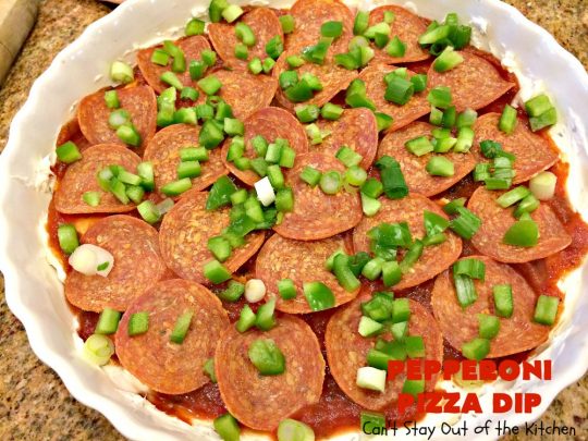 Pepperoni Pizza Dip | Can't Stay Out of the Kitchen | this #appetizer is so over-the-top you'll have all your guests drooling over it! It's terrific for #tailgating parties or the #SuperBowl! #pepperoni #pizza #glutenfree