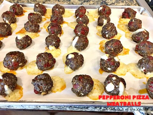 Pepperoni Pizza Meatballs | Can't Stay Out of the Kitchen | This is like eating #PepperoniPizza but in #meatball form! These fabulous #meatballs are stuffed with #pepperoni & #mozzarella cheese cubes. The #marinara sauce also includes pepperoni. Absolutely mouthwatering. #pasta #glutenfree