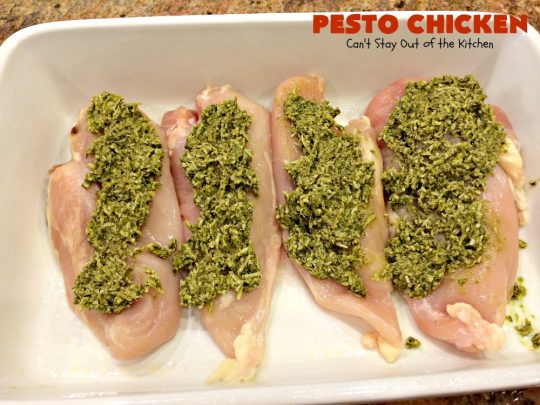 Pesto Chicken | Can't Stay Out of the Kitchen | mouthwatering 3-ingredient #chicken entree that's oven ready in 5 minutes. Terrific #recipe for family or company dinners. #pesto #parmesancheese #glutenfree