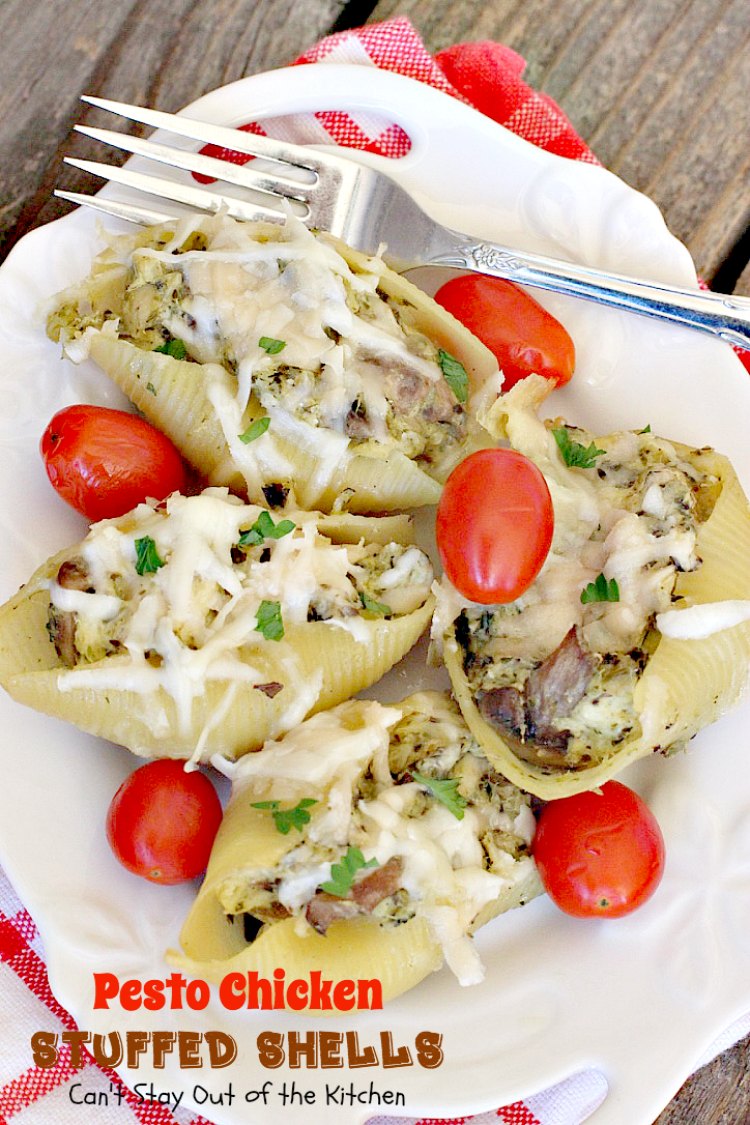Pesto Chicken Stuffed Shells - Can't Stay Out of the Kitchen