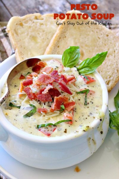 Pesto Potato Soup | Can't Stay Out of the Kitchen | This is an awesome #soup. It's filled with #pesto sauce #parmesan cheese & topped with #bacon. It's heavenly & certainly nice enough for company. #potatoes #glutenfree